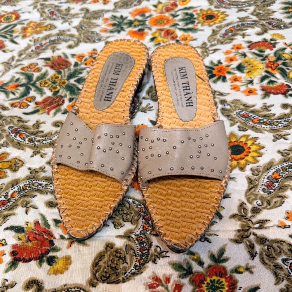 Kim Thanh‎ Woven Wedge Sandals Tan Studded Mules Women's Size 9